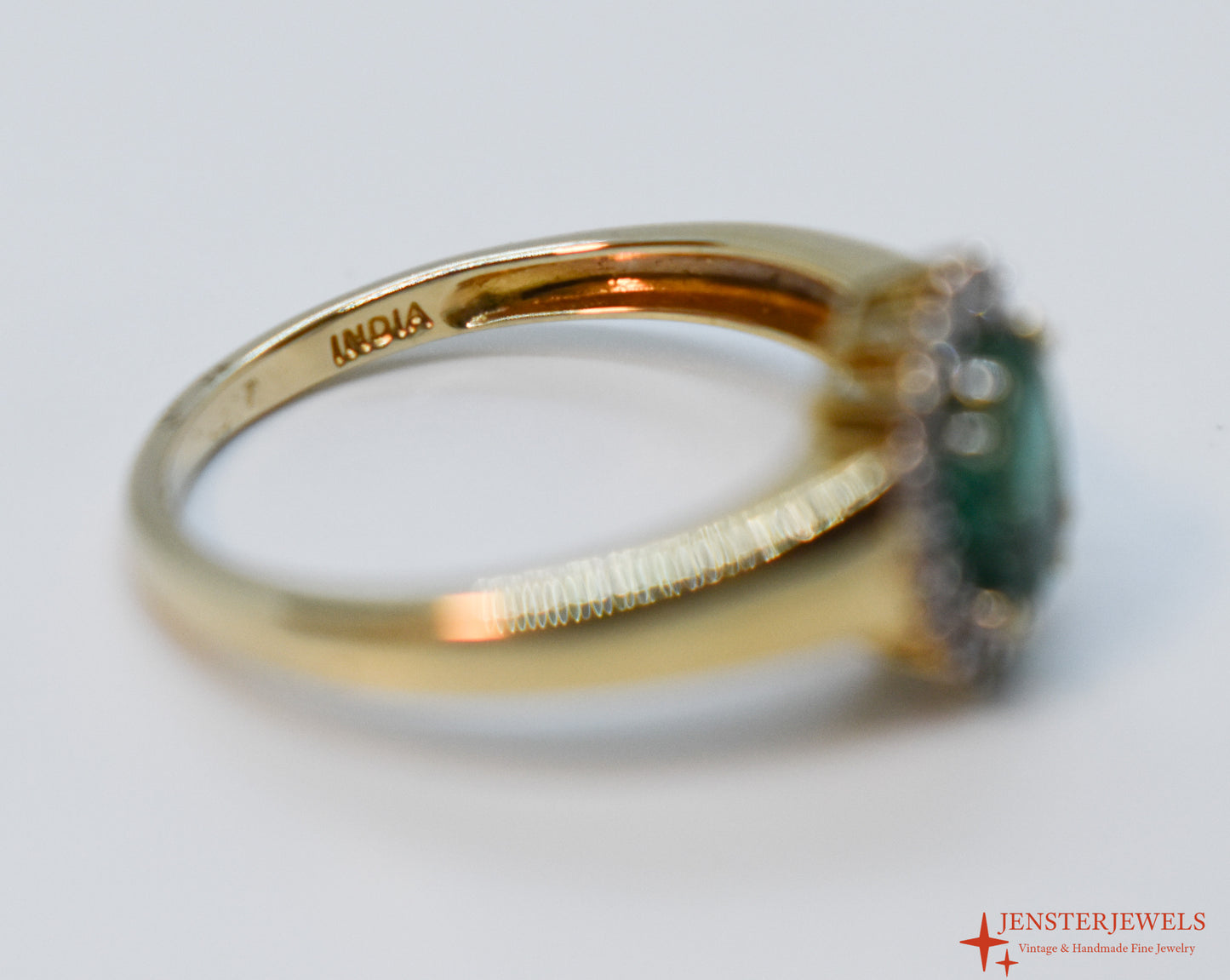 Vintage 14k Yellow Gold Emerald & Diamond Halo Ring Size 7