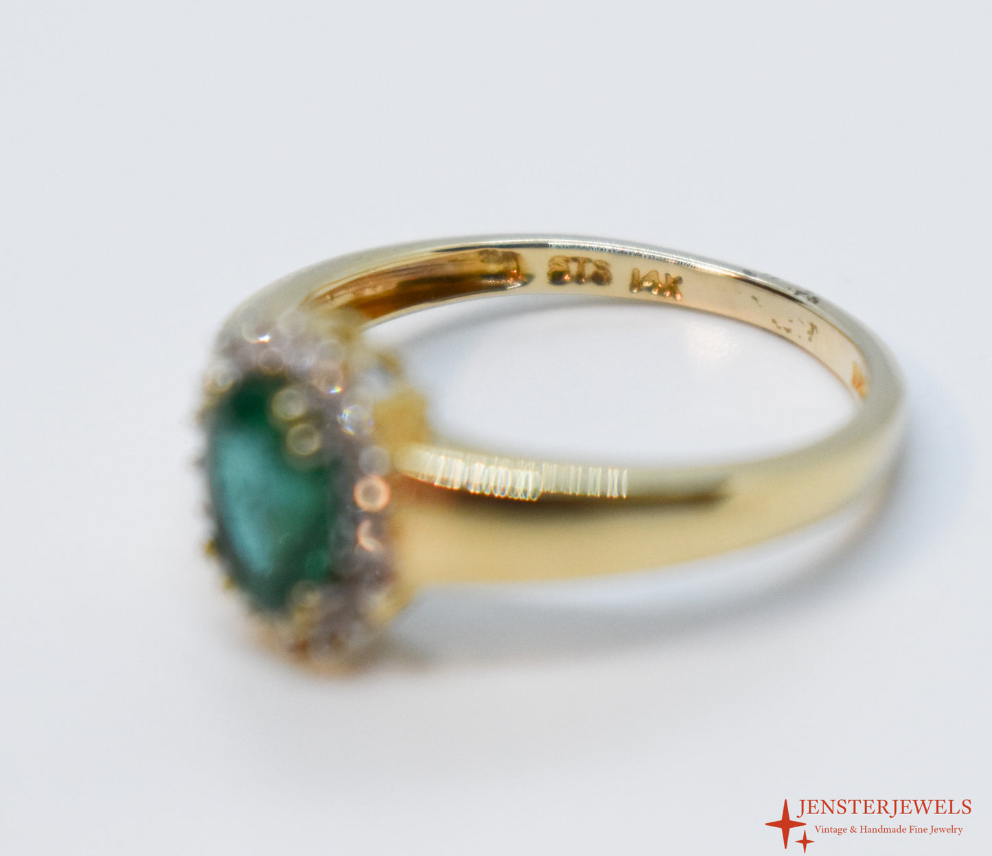 Vintage 14k Yellow Gold Emerald & Diamond Halo Ring Size 7