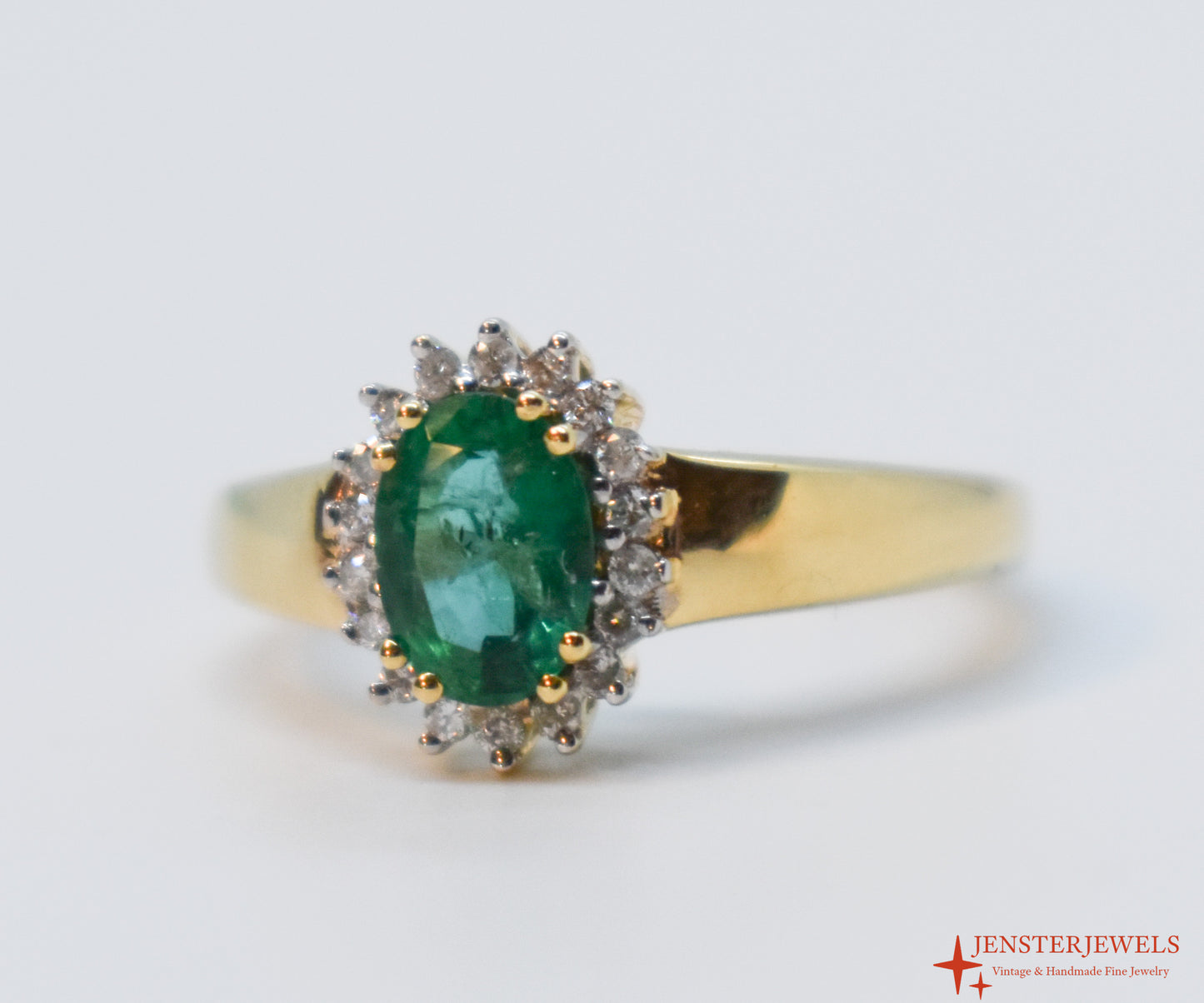 Vintage 14k Yellow Gold Emerald & Diamond Halo Ring Size 7