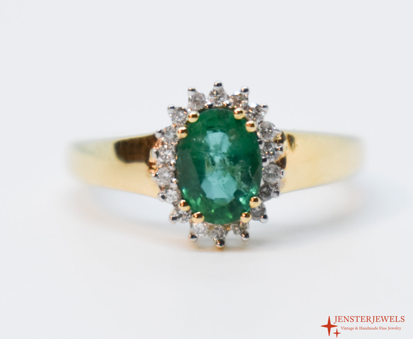 Vintage 14k Yellow Gold Emerald & Diamond Halo Ring Size 7