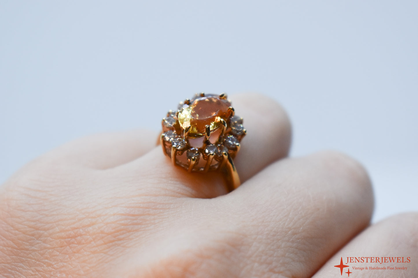 Vintage 14k Yellow Gold Citrine & Diamond Cluster Cocktail Ring Size 6 3/4