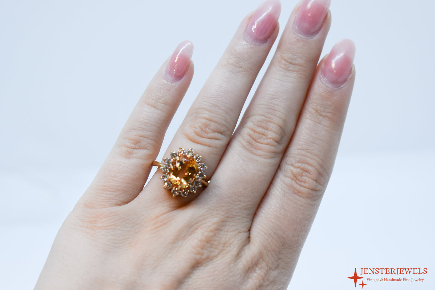 Vintage 14k Yellow Gold Citrine & Diamond Cluster Cocktail Ring Size 6 3/4