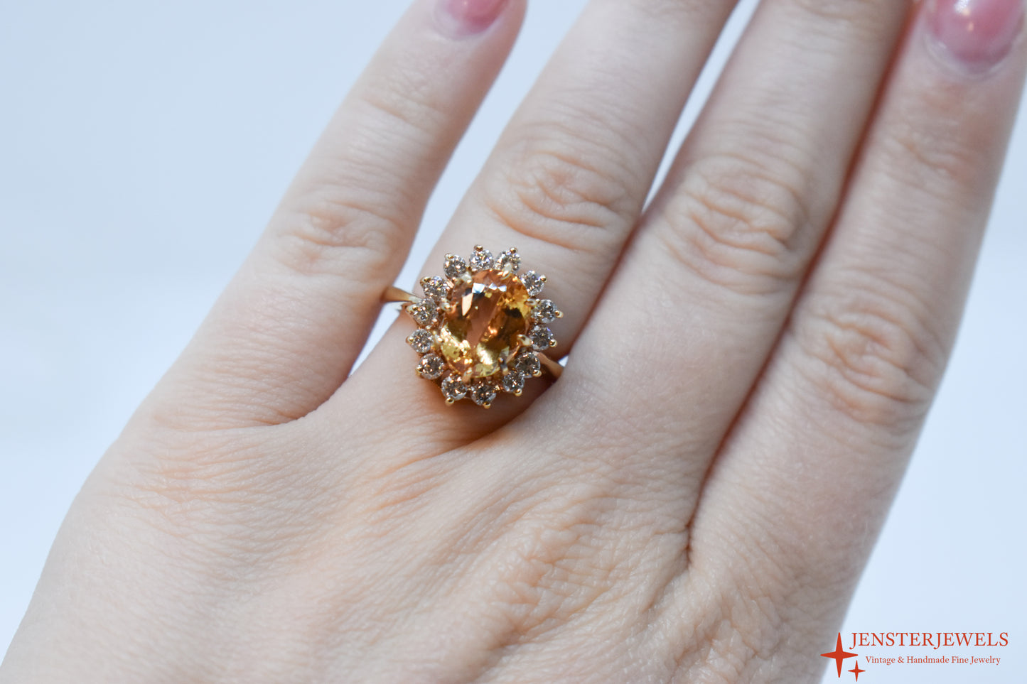 Vintage 14k Yellow Gold Citrine & Diamond Cluster Cocktail Ring Size 6 3/4