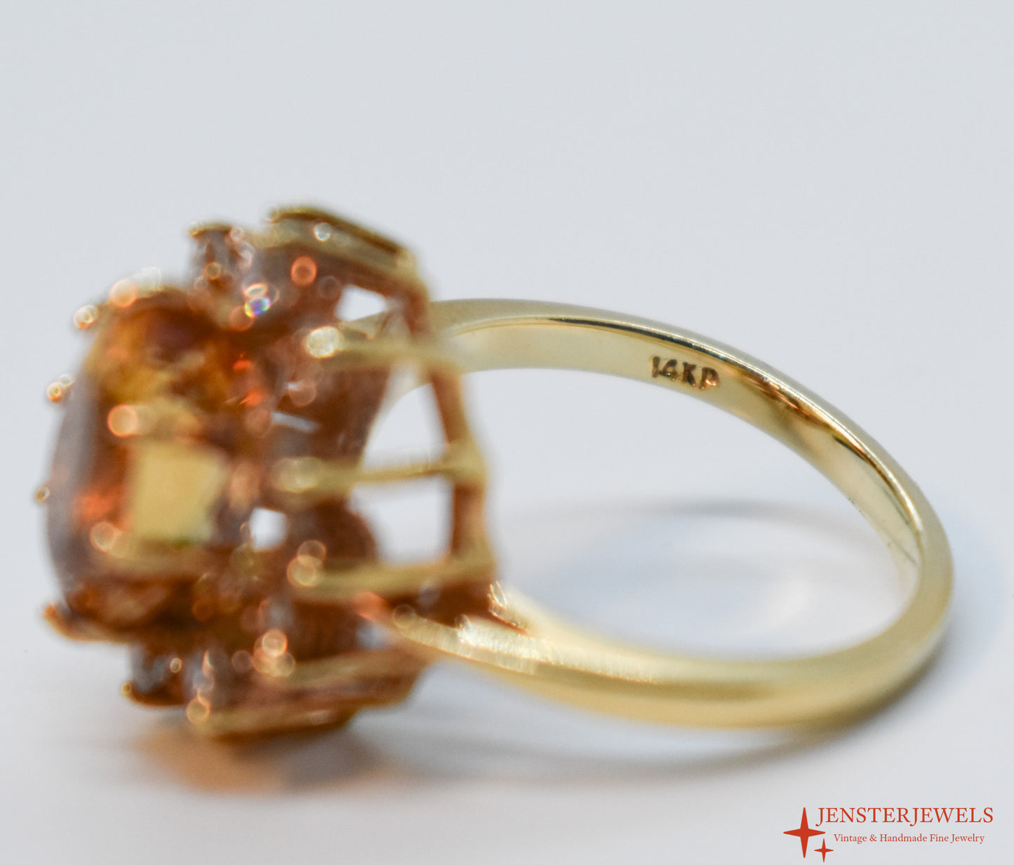Vintage 14k Yellow Gold Citrine & Diamond Cluster Cocktail Ring Size 6 3/4