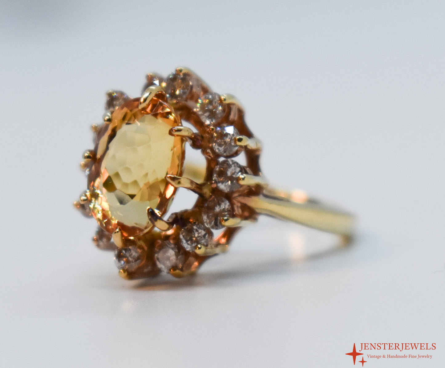 Vintage 14k Yellow Gold Citrine & Diamond Cluster Cocktail Ring Size 6 3/4