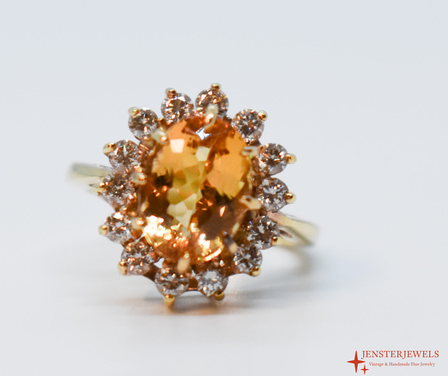 Vintage 14k Yellow Gold Citrine & Diamond Cluster Cocktail Ring Size 6 3/4