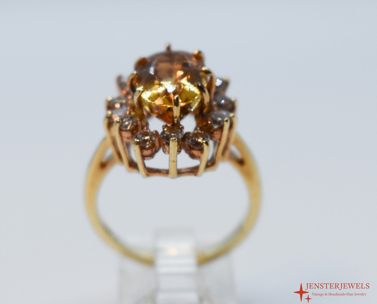 Vintage 14k Yellow Gold Citrine & Diamond Cluster Cocktail Ring Size 6 3/4