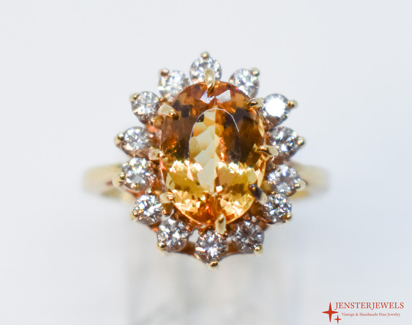 Vintage 14k Yellow Gold Citrine & Diamond Cluster Cocktail Ring Size 6 3/4