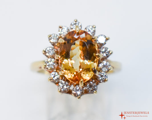 Vintage 14k Yellow Gold Citrine & Diamond Cluster Cocktail Ring Size 6 3/4