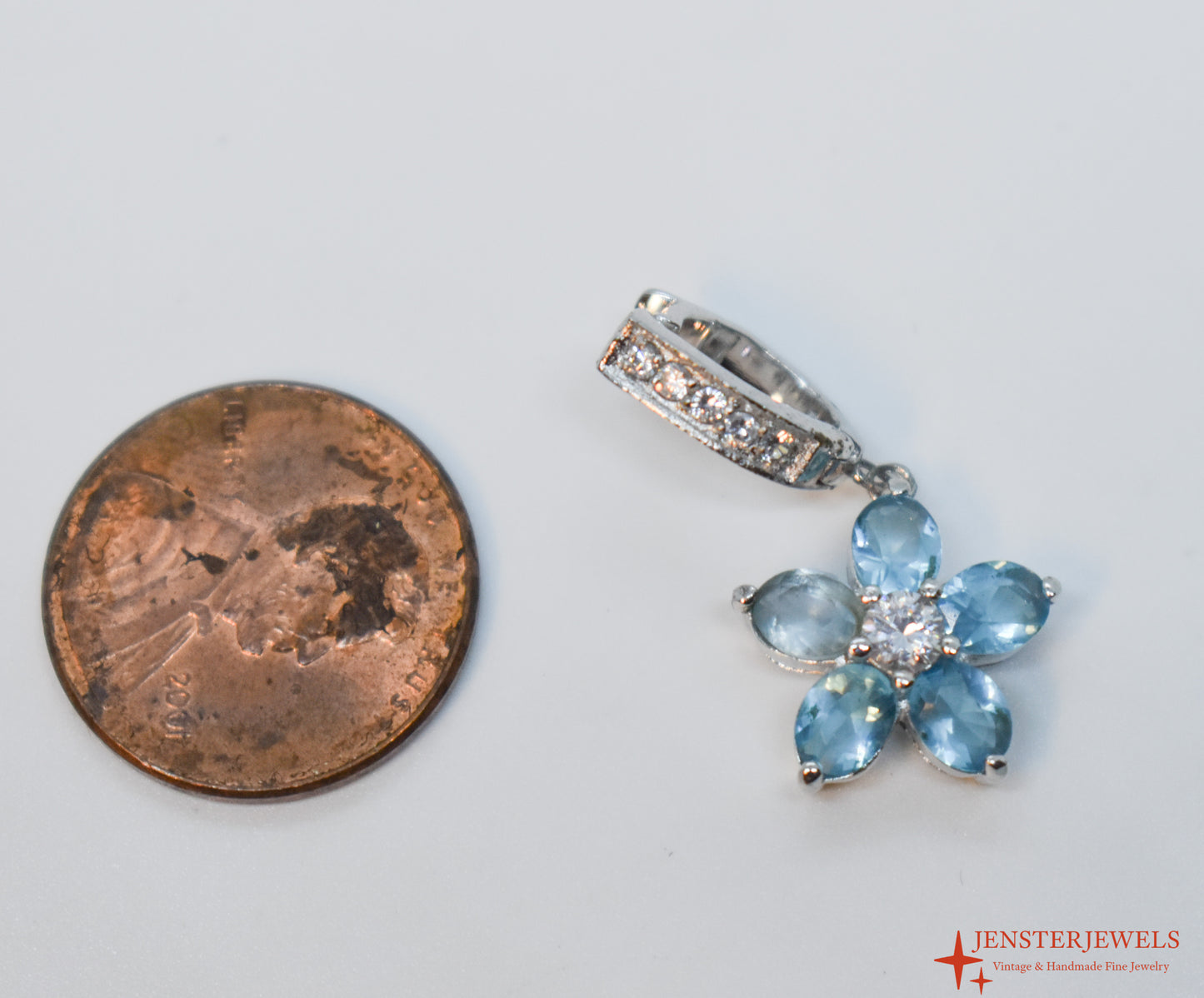 Vintage Sterling Silver Blue CZ Flower Pendant / Charm