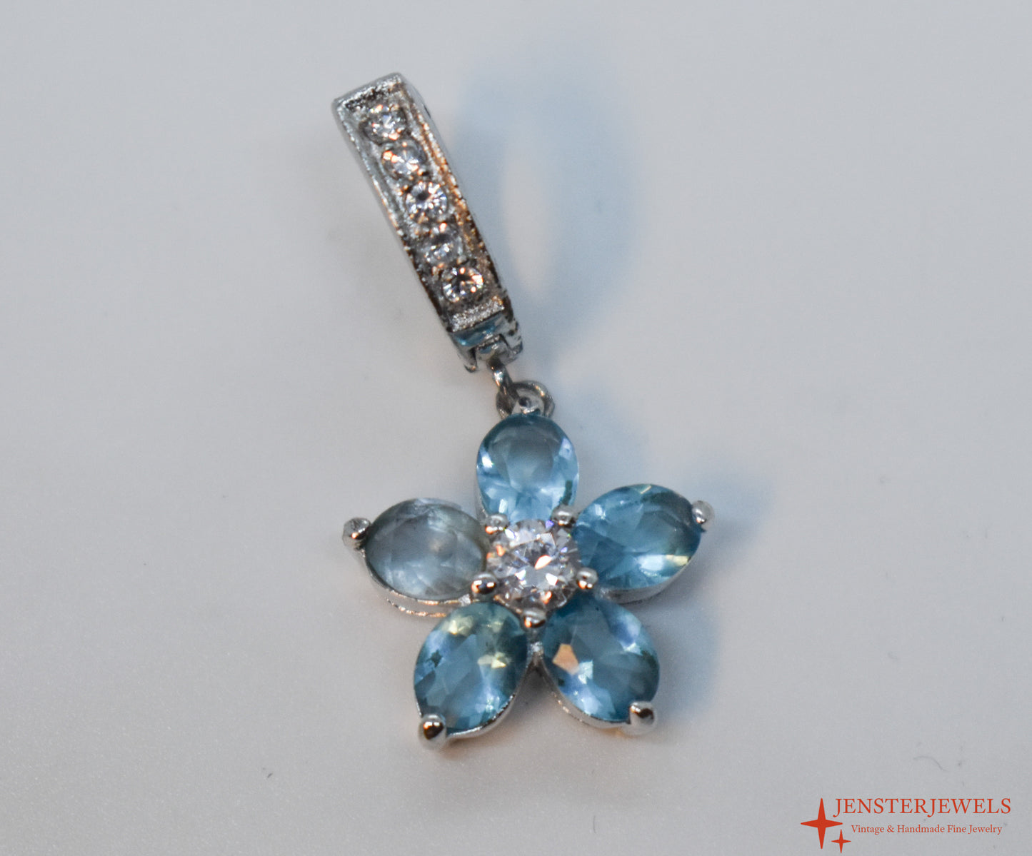 Vintage Sterling Silver Blue CZ Flower Pendant / Charm
