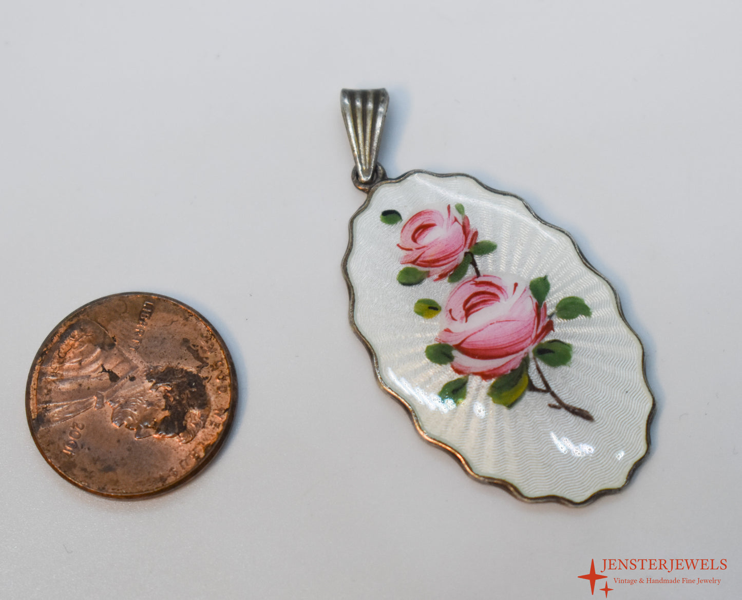 Vintage Sterling Silver Enamel Rose Pendant