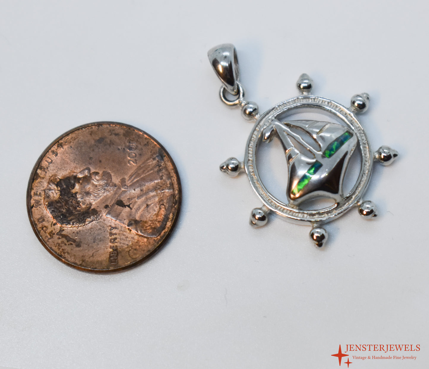 Vintage Sterling Silver Ship's Wheel & Opal Sailboat Pendant