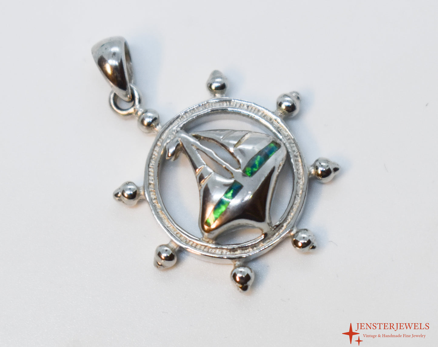 Vintage Sterling Silver Ship's Wheel & Opal Fish Pendant