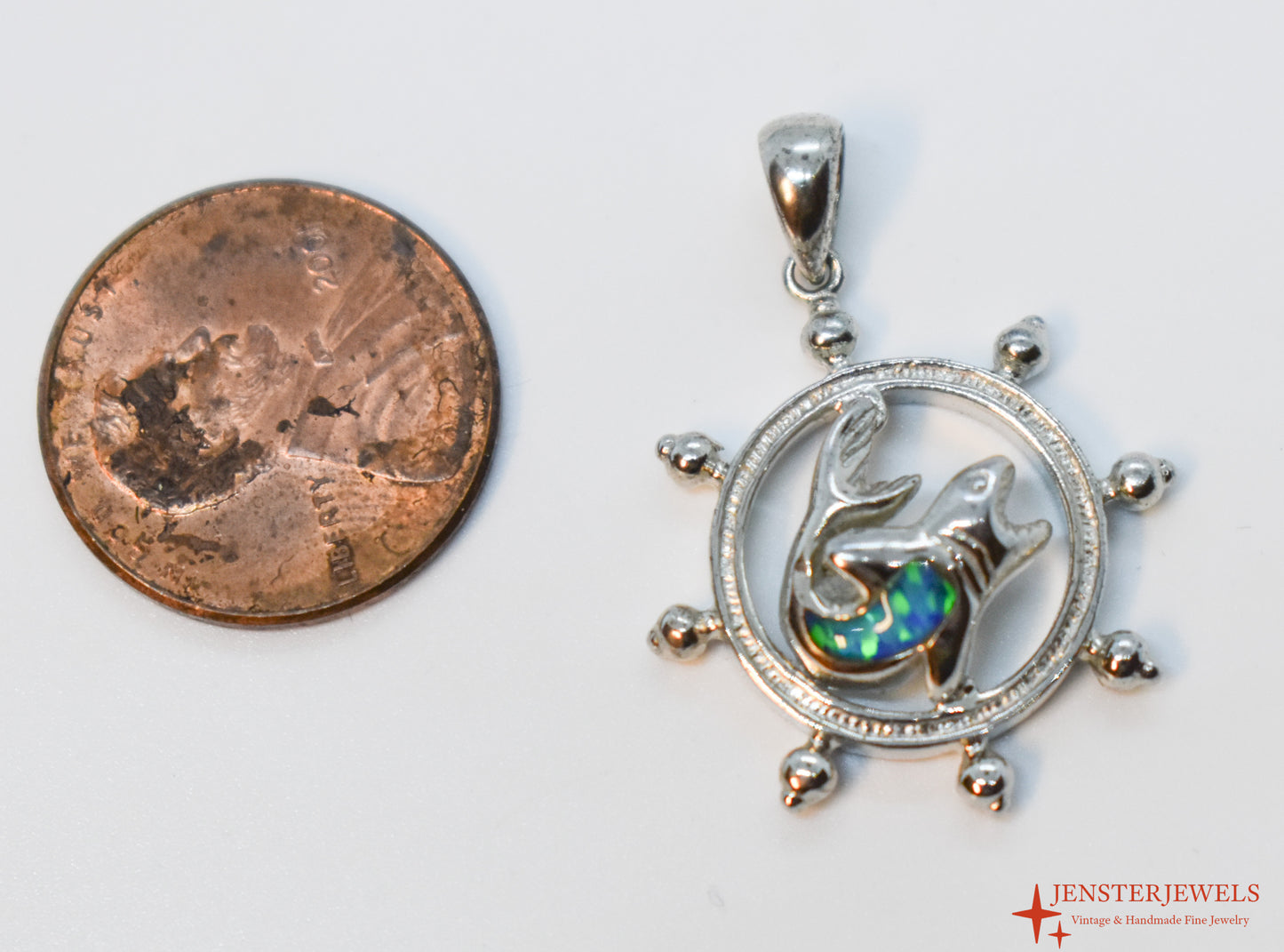 Vintage Sterling Silver Ship's Wheel & Opal Fish Pendant