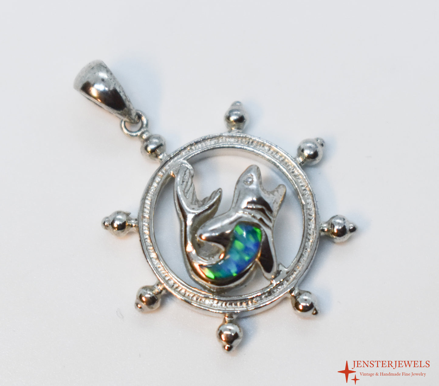 Vintage Sterling Silver Ship's Wheel & Opal Fish Pendant