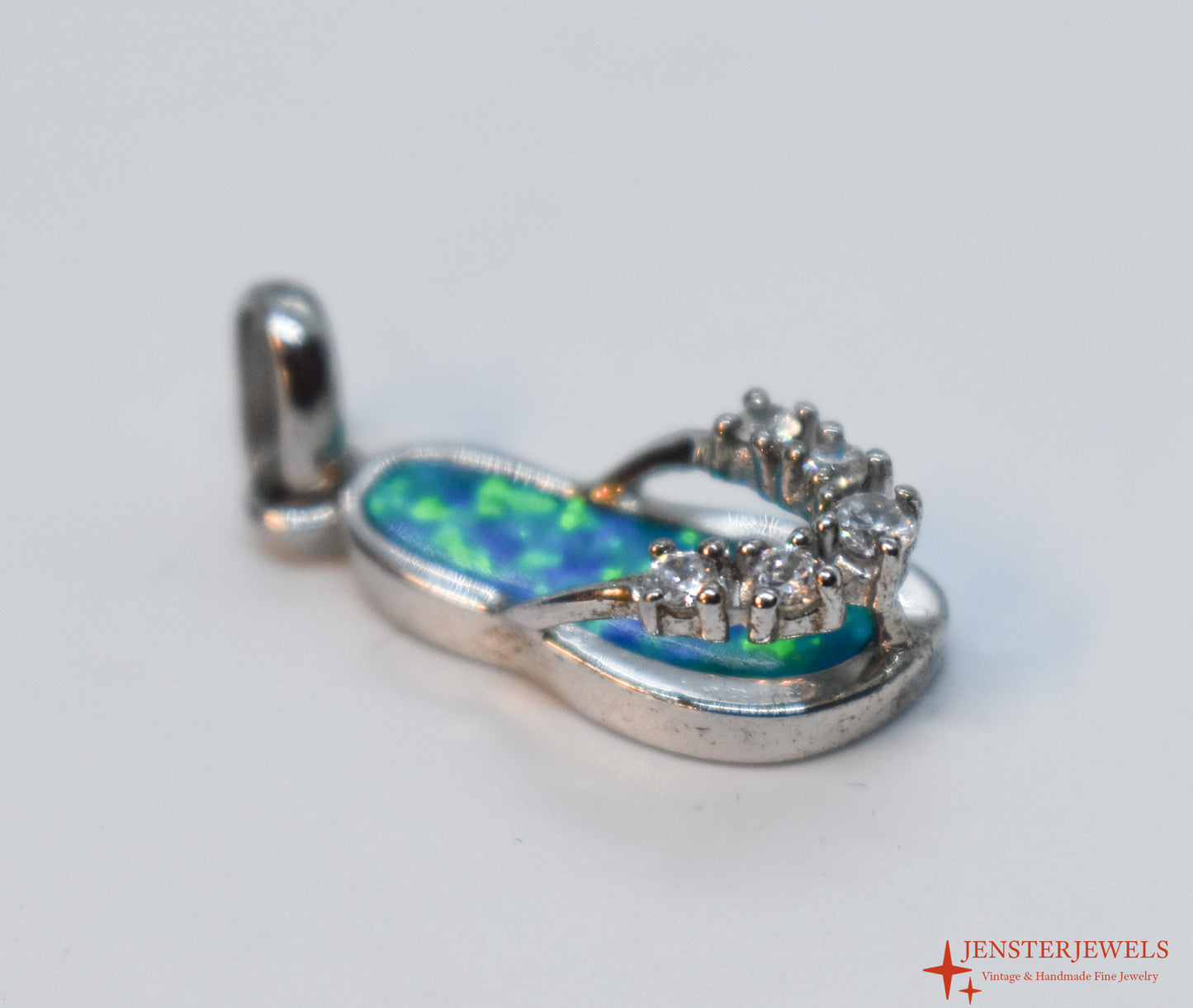 Vintage Sterling Silver CZ & Opal Inlay Flip Flop Pendant