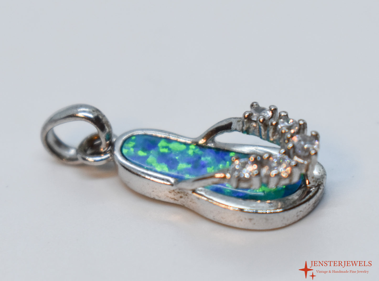 Vintage Sterling Silver CZ & Opal Inlay Flip Flop Pendant