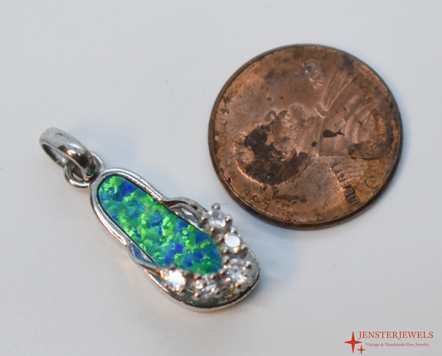 Vintage Sterling Silver CZ & Opal Inlay Flip Flop Pendant