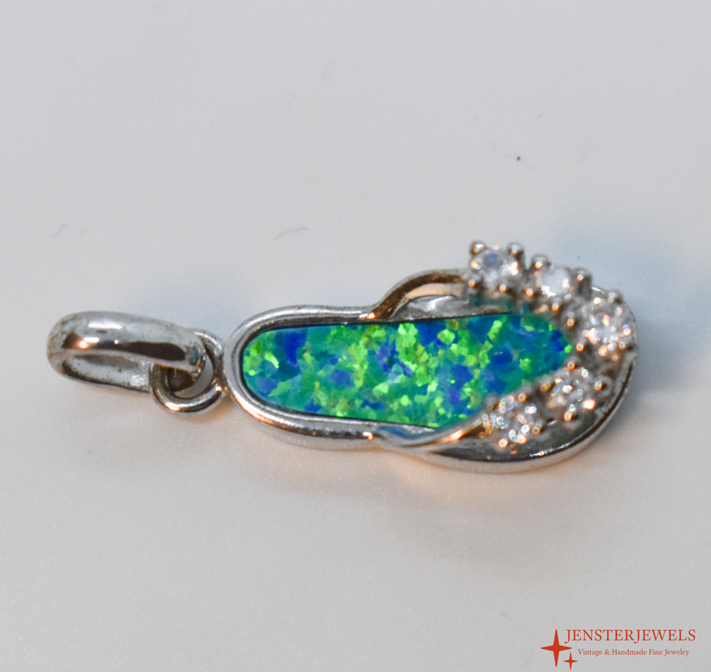 Vintage Sterling Silver CZ & Opal Inlay Flip Flop Pendant