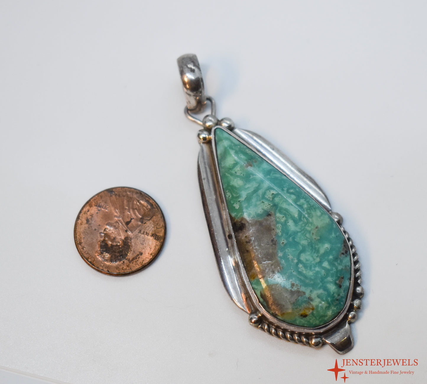 Vintage Sterling Silver Green Turquoise Statement Pendant