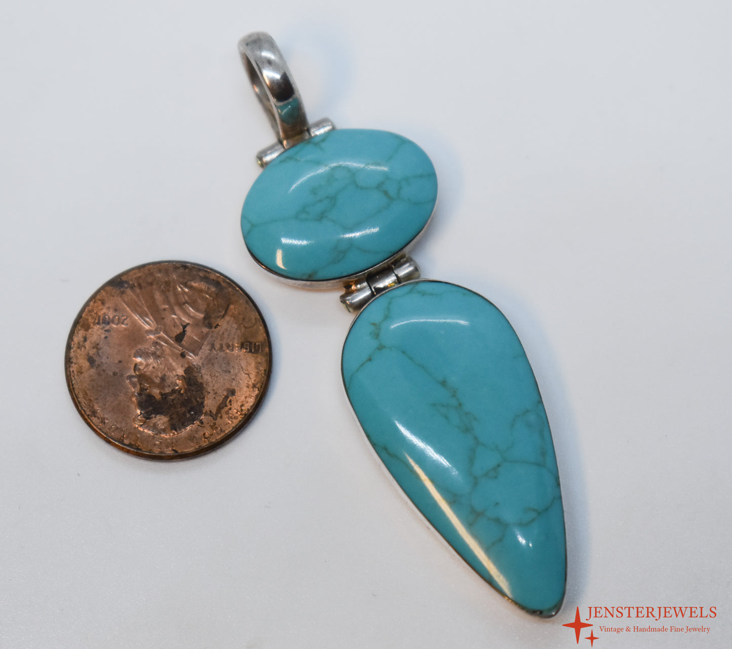 Vintage Sterling Silver Double Turquoise Teardrop Pendant – Mexico