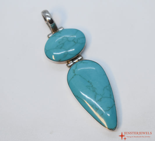 Vintage Sterling Silver Double Turquoise Teardrop Pendant – Mexico