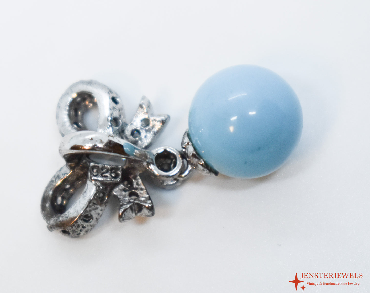 Vintage Sterling Silver CZ Bow & Turquoise Ball Pendant