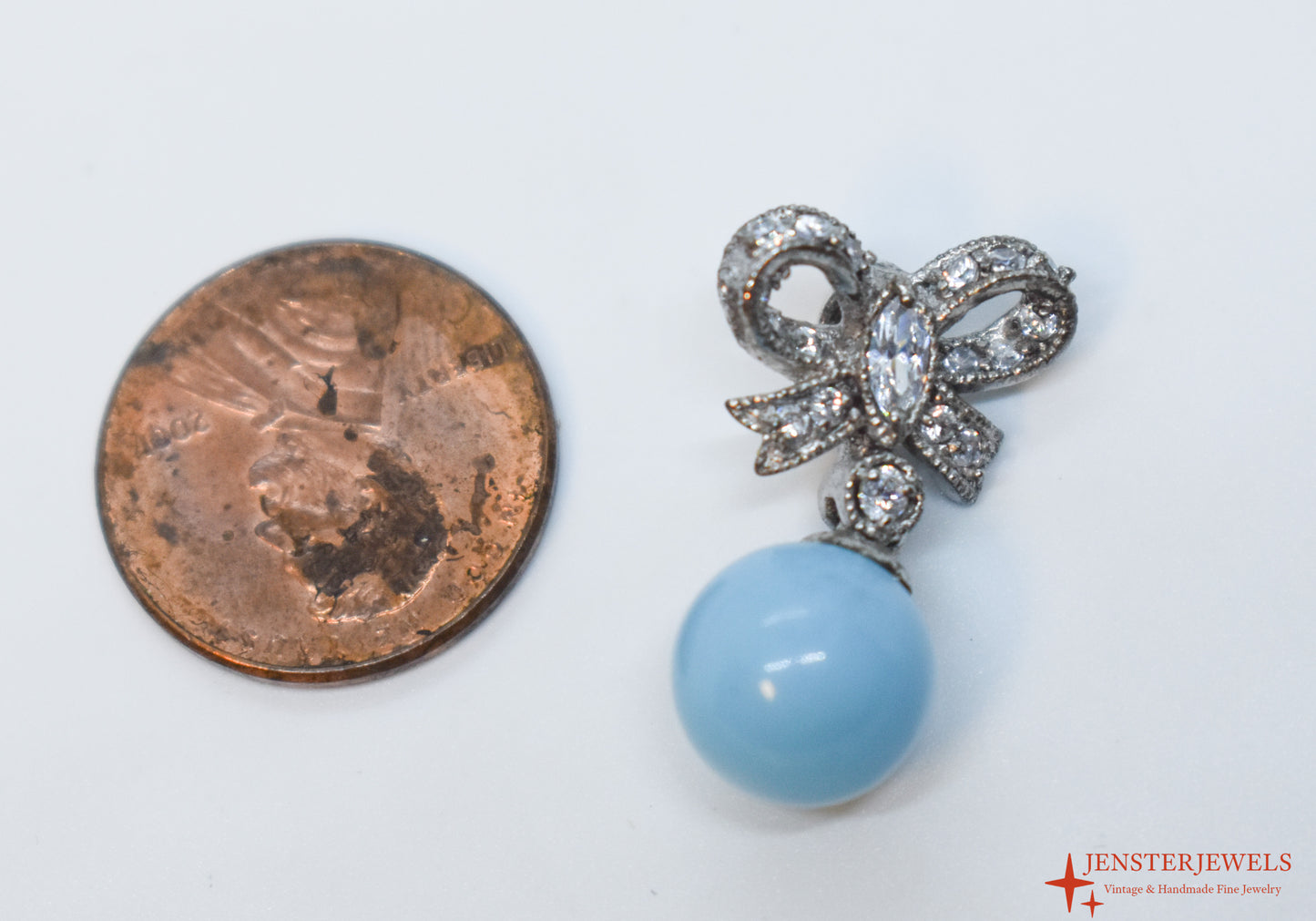Vintage Sterling Silver CZ Bow & Turquoise Ball Pendant