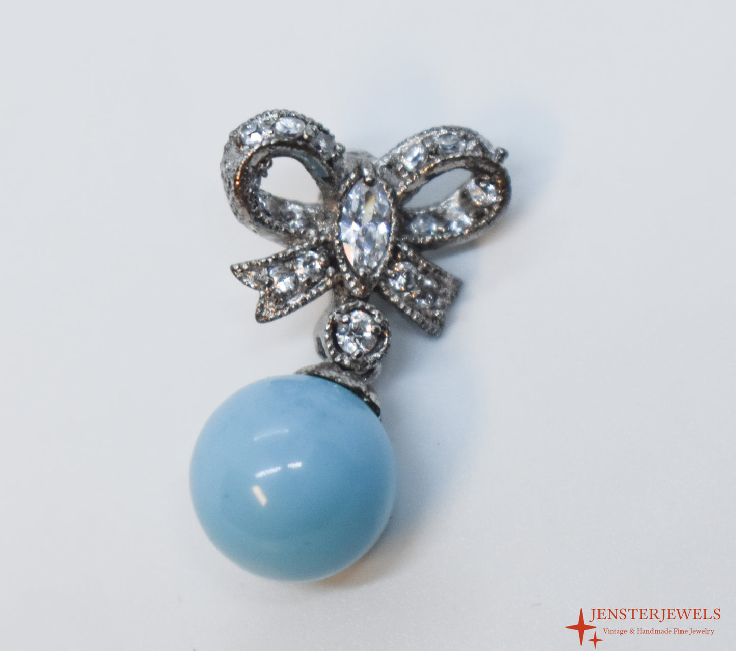 Vintage Sterling Silver CZ Bow & Turquoise Ball Pendant