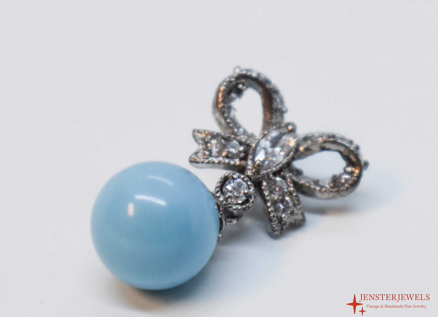 Vintage Sterling Silver CZ Bow & Turquoise Ball Pendant