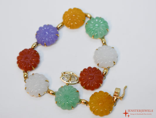 Vintage 14k Yellow Gold Multi-Color Carved Jade Bracelet