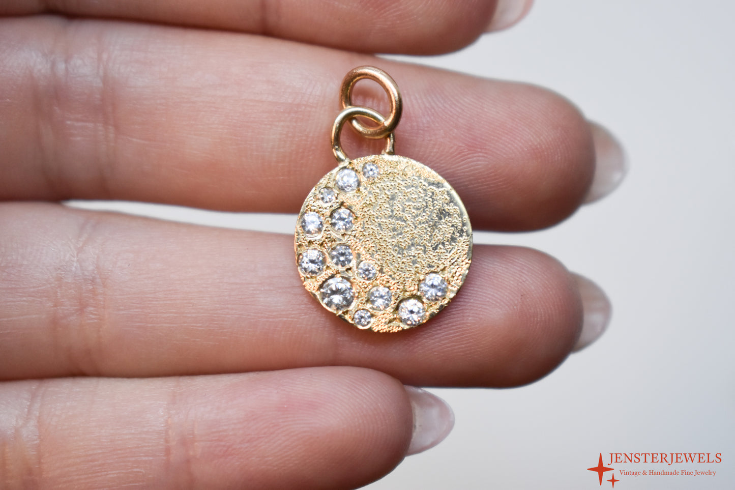 Handmade 14k Yellow Gold CZ Crescent Moon Circle Pendant – JensterJewels