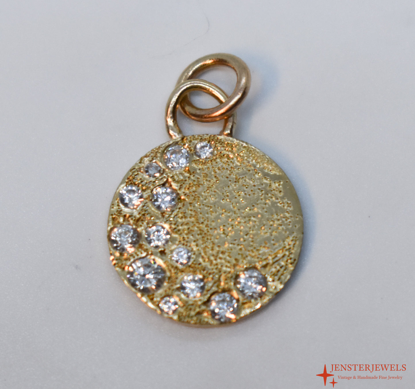 Handmade 14k Yellow Gold CZ Crescent Moon Circle Pendant – JensterJewels