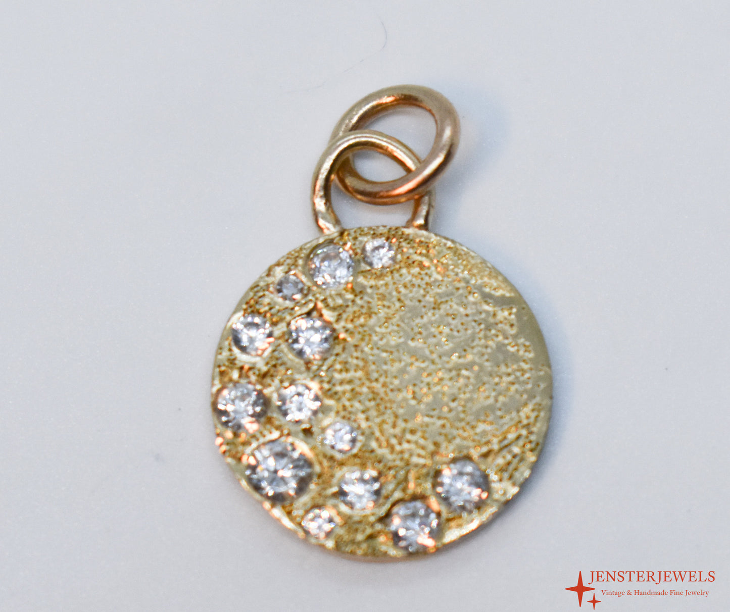 Handmade 14k Yellow Gold CZ Crescent Moon Circle Pendant – JensterJewels