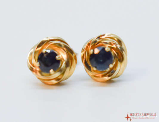 Vintage 14k Yellow Gold Sapphire Love Knot Stud Earrings