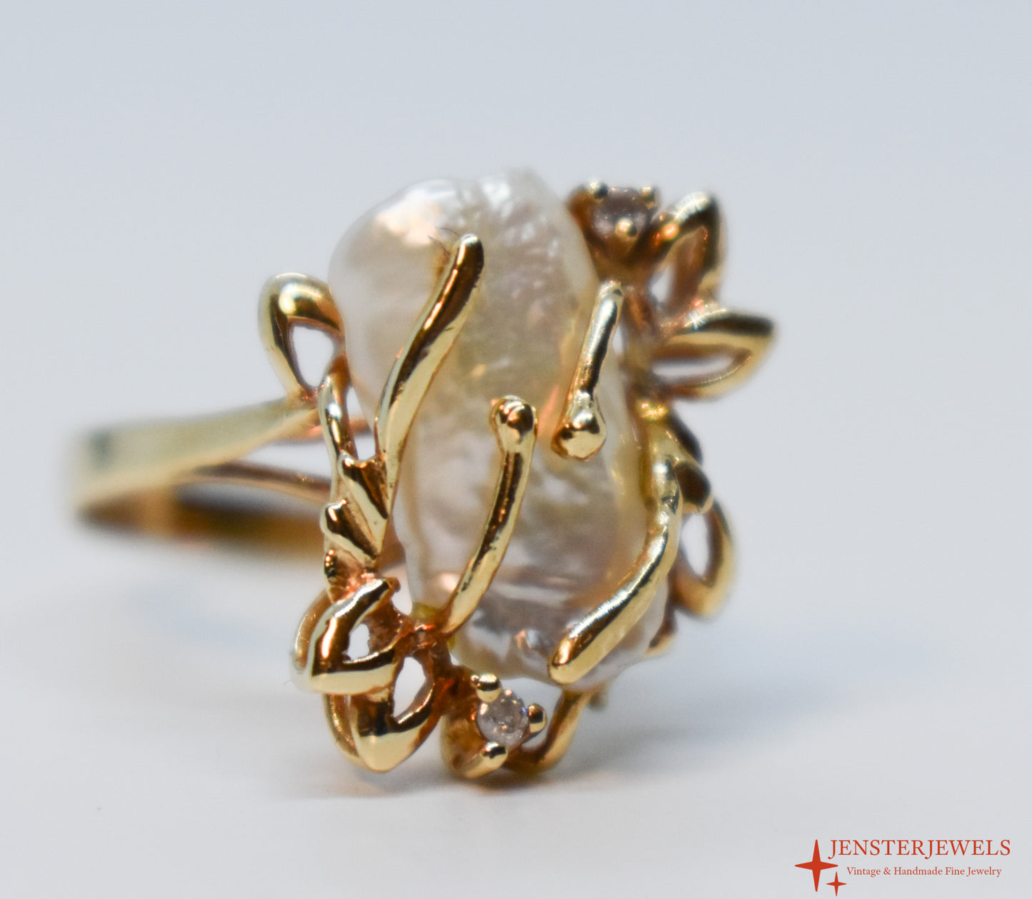 Vintage 14k Yellow Gold Baroque Saltwater Pearl & Diamond Cocktail Ring Size 6 1/2