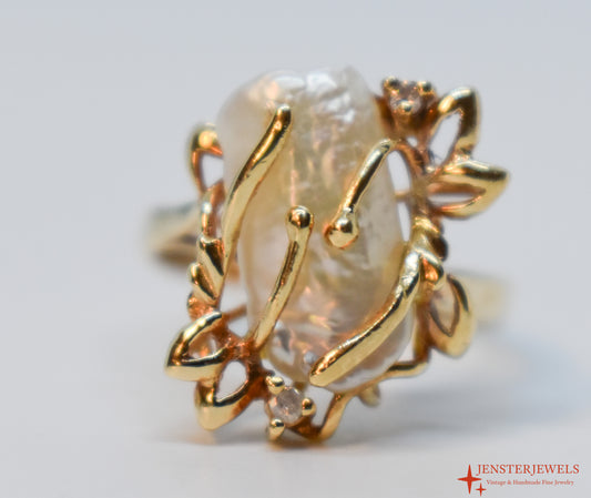 Vintage 14k Yellow Gold Baroque Saltwater Pearl & Diamond Cocktail Ring Size 6 1/2