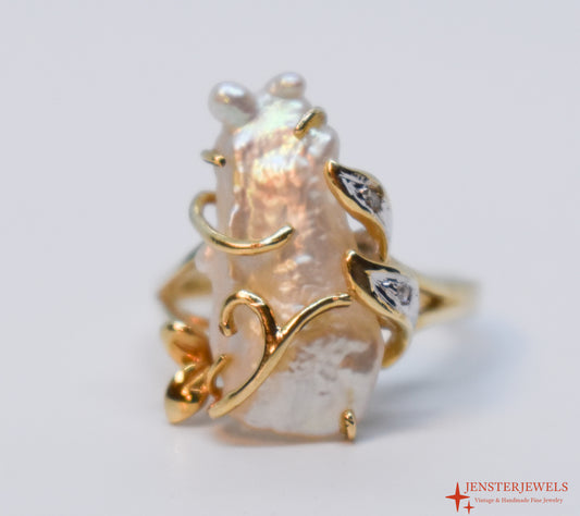 Vintage 14k Yellow Gold Baroque Saltwater Pearl & Diamond Cocktail Ring Size 6 3/4