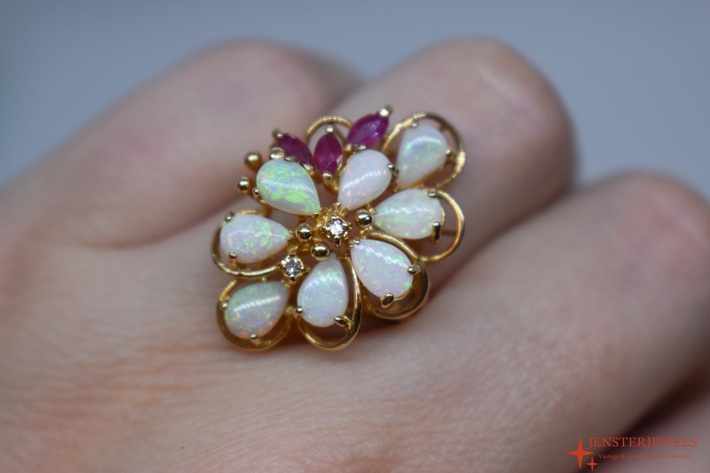 Vintage 14k Yellow Gold Opal, Ruby & Diamond Cocktail Cluster Ring Size 6 1/2