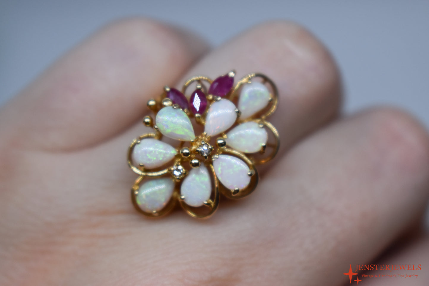 Vintage 14k Yellow Gold Opal, Ruby & Diamond Cocktail Cluster Ring Size 6 1/2