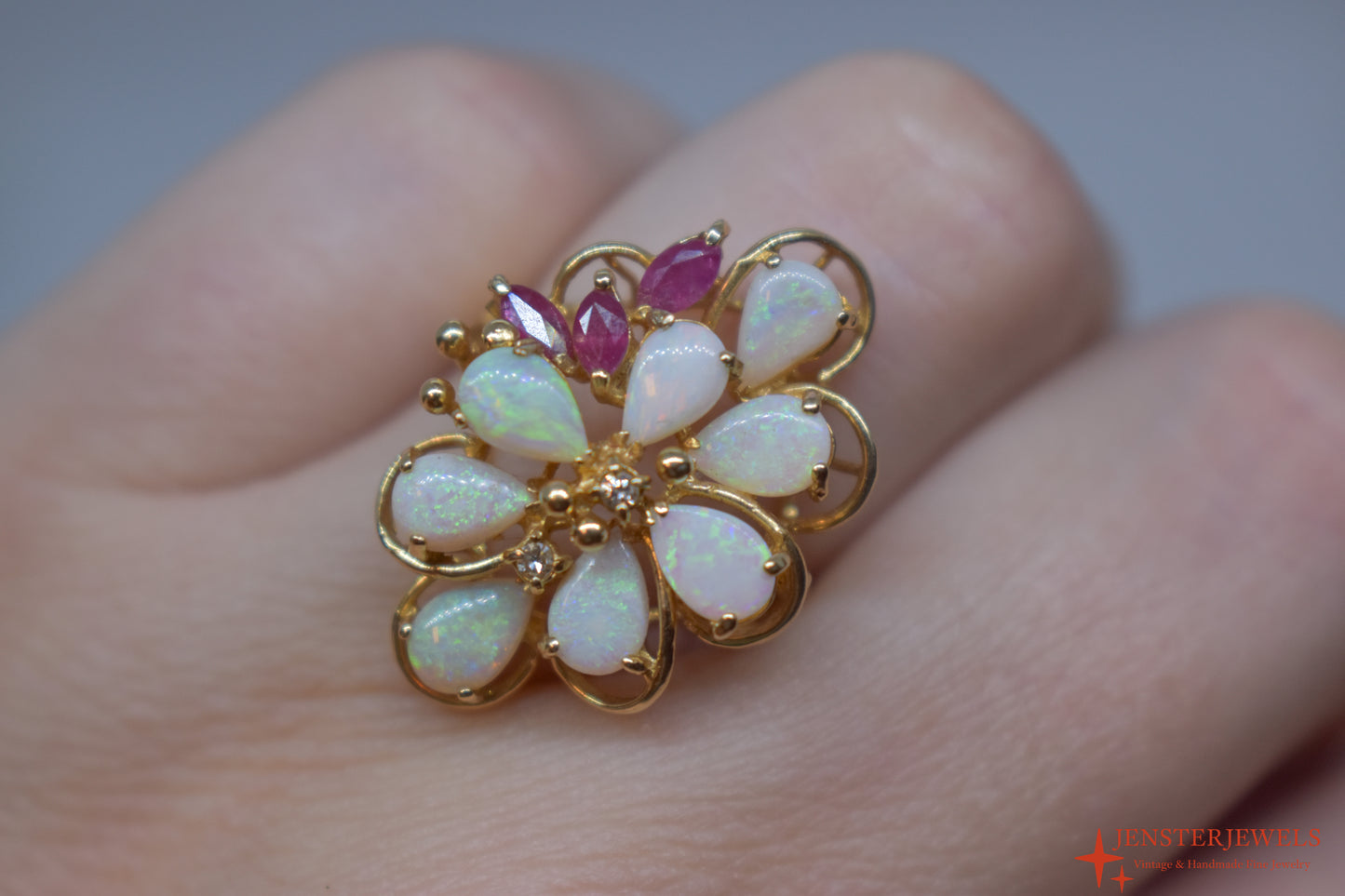 Vintage 14k Yellow Gold Opal, Ruby & Diamond Cocktail Cluster Ring Size 6 1/2