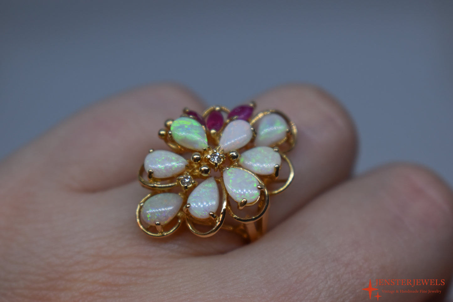 Vintage 14k Yellow Gold Opal, Ruby & Diamond Cocktail Cluster Ring Size 6 1/2