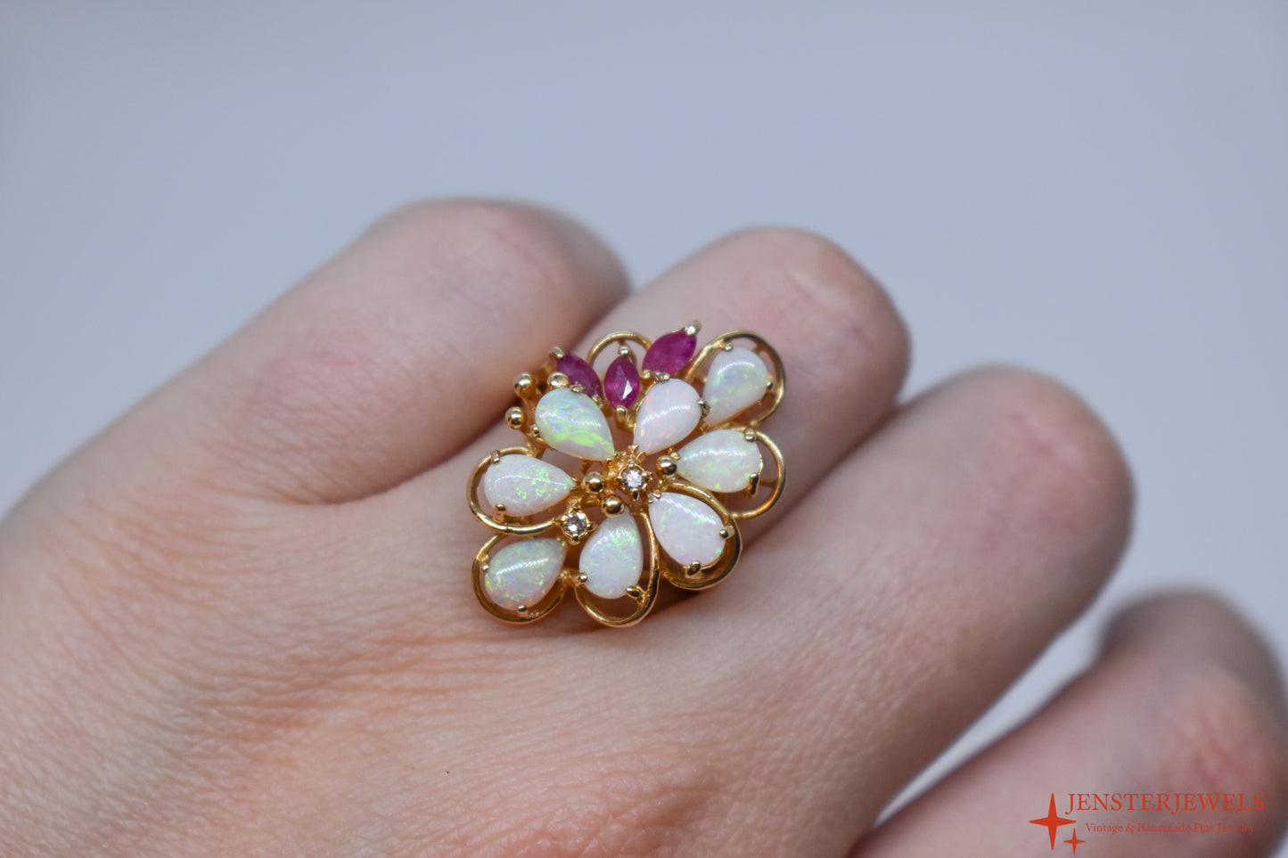 Vintage 14k Yellow Gold Opal, Ruby & Diamond Cocktail Cluster Ring Size 6 1/2