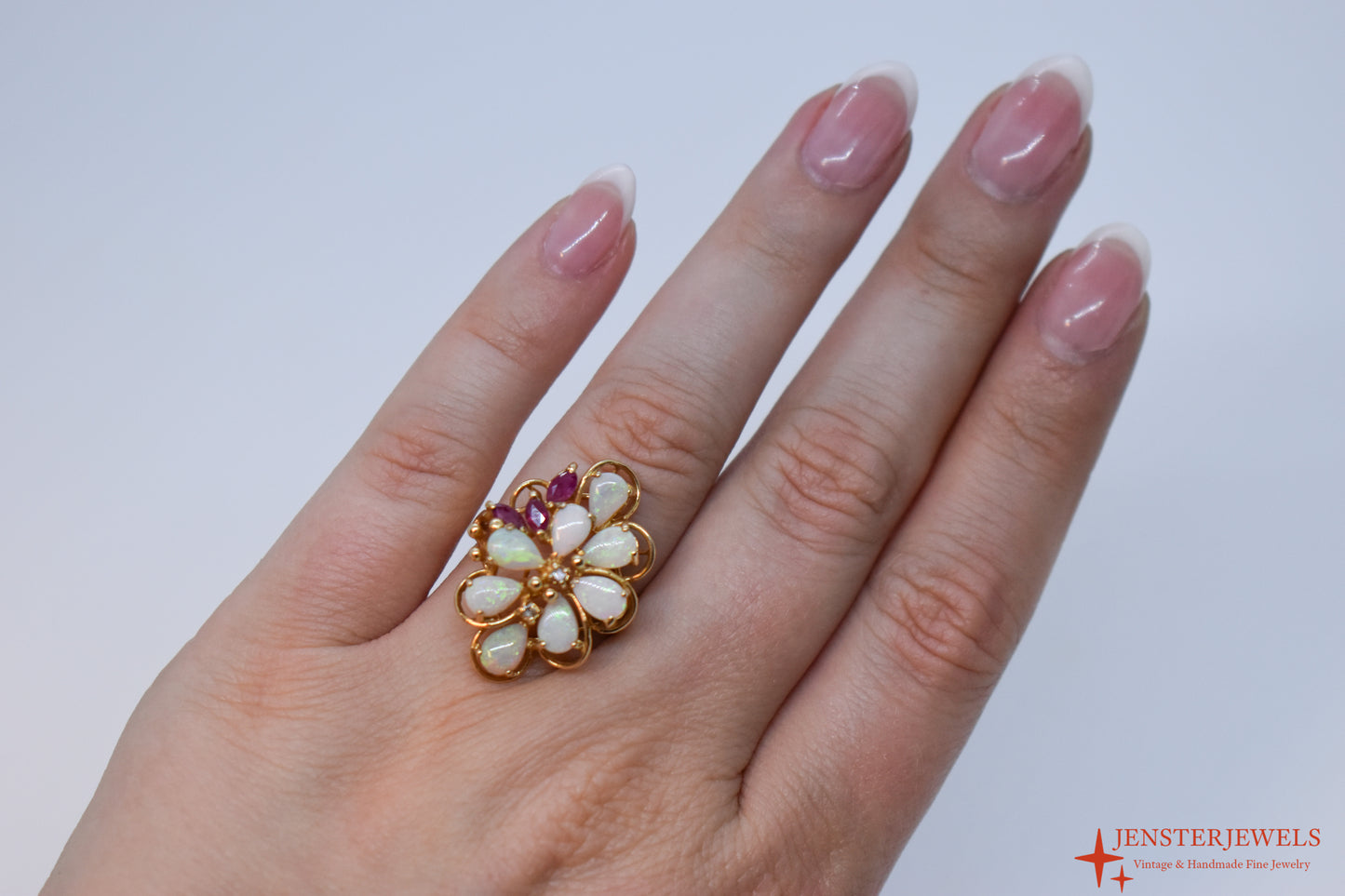 Vintage 14k Yellow Gold Opal, Ruby & Diamond Cocktail Cluster Ring Size 6 1/2