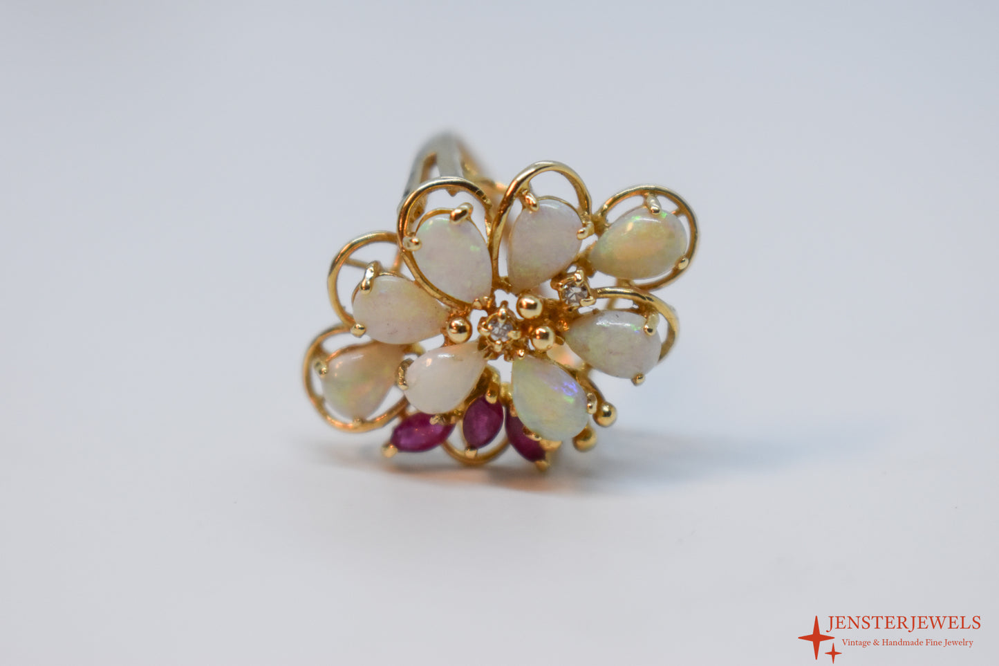 Vintage 14k Yellow Gold Opal, Ruby & Diamond Cocktail Cluster Ring Size 6 1/2