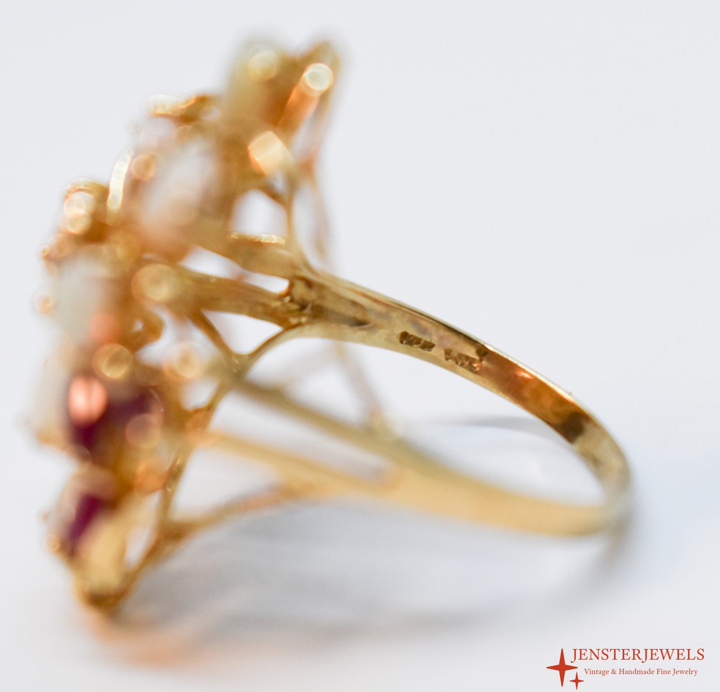 Vintage 14k Yellow Gold Opal, Ruby & Diamond Cocktail Cluster Ring Size 6 1/2