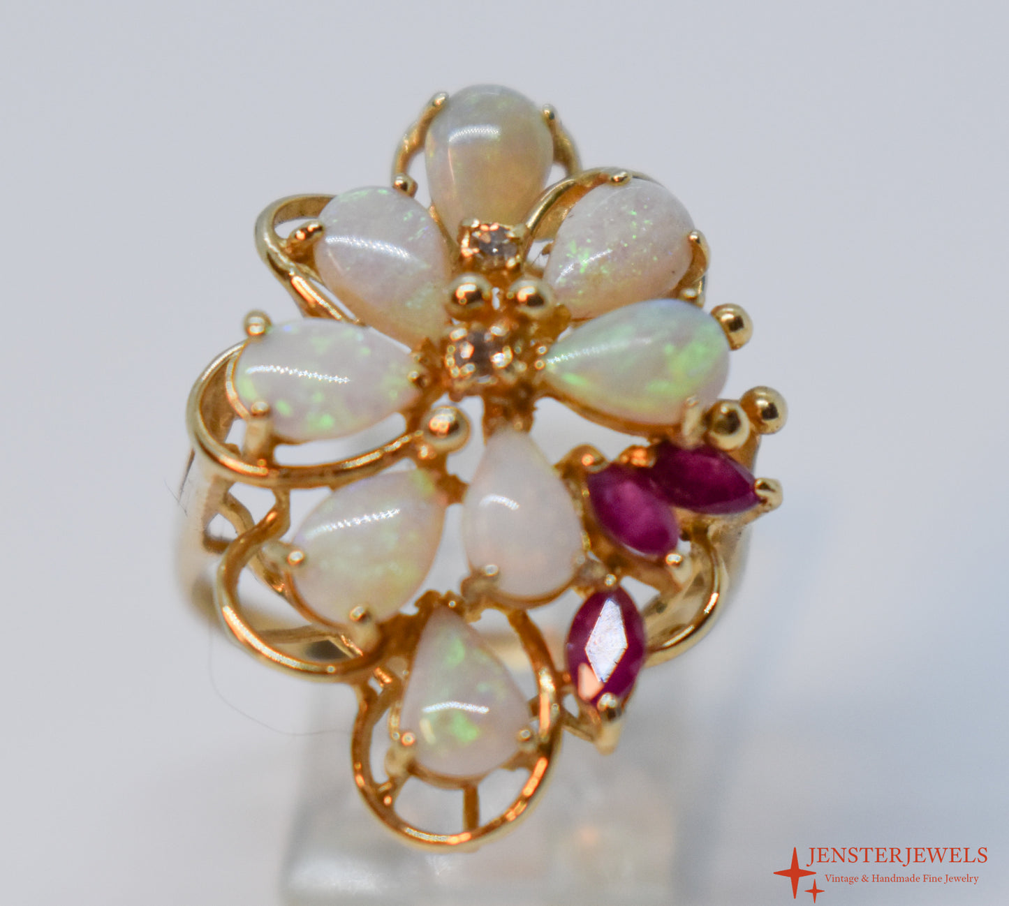 Vintage 14k Yellow Gold Opal, Ruby & Diamond Cocktail Cluster Ring Size 6 1/2