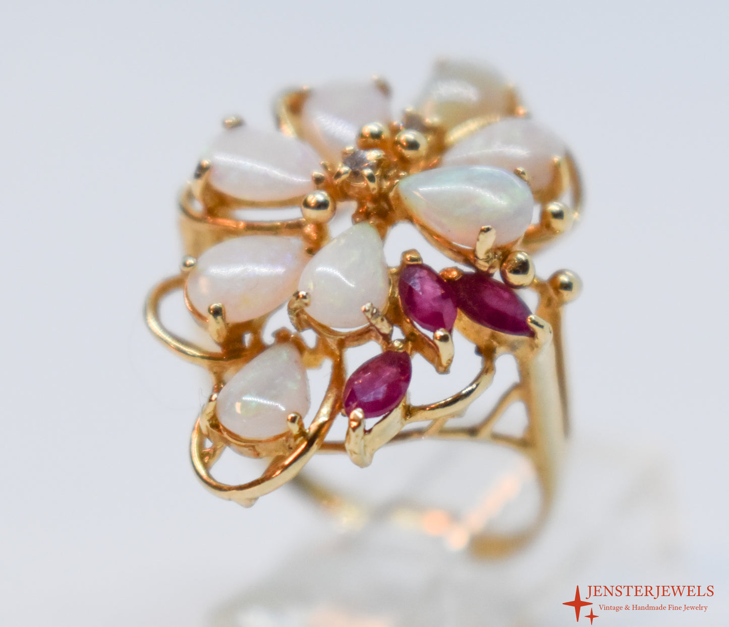 Vintage 14k Yellow Gold Opal, Ruby & Diamond Cocktail Cluster Ring Size 6 1/2