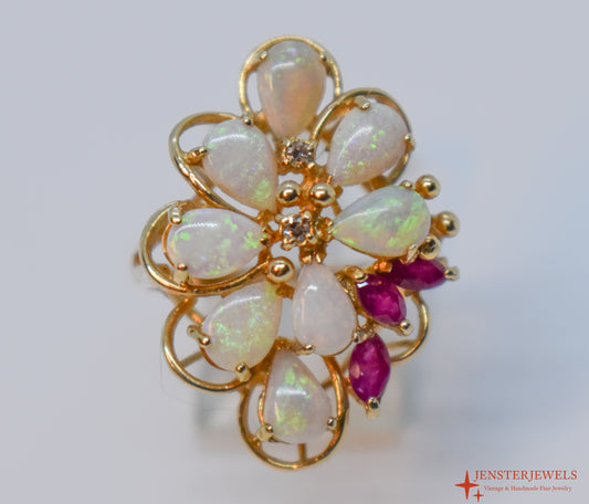 Vintage 14k Yellow Gold Opal, Ruby & Diamond Cocktail Cluster Ring Size 6 1/2